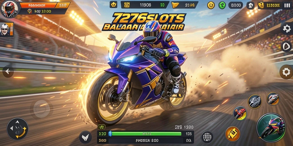 Tampilan gameplay mendebarkan di 7276SLOTS dengan balapan motor yang cepat.