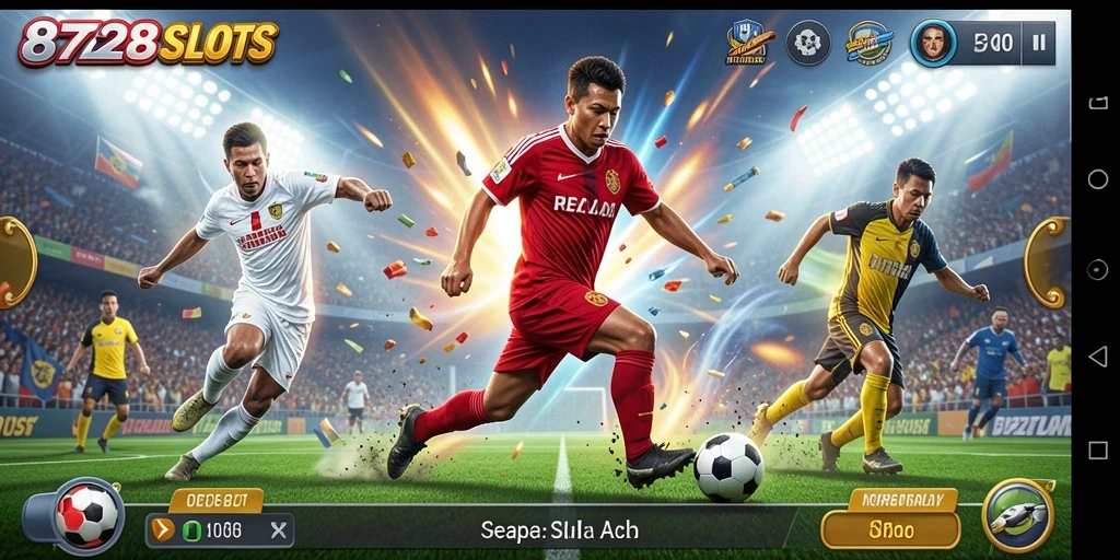 Tampilan gameplay seru 8728SLOTS dengan tema sepak bola.