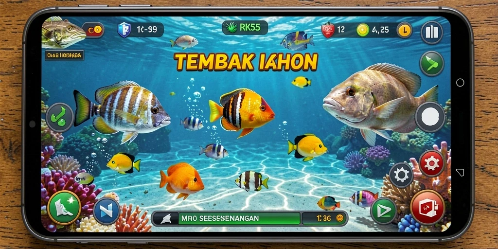 Gameplay RK55 menampilkan keseruan menembak ikan di lautan yang penuh warna.